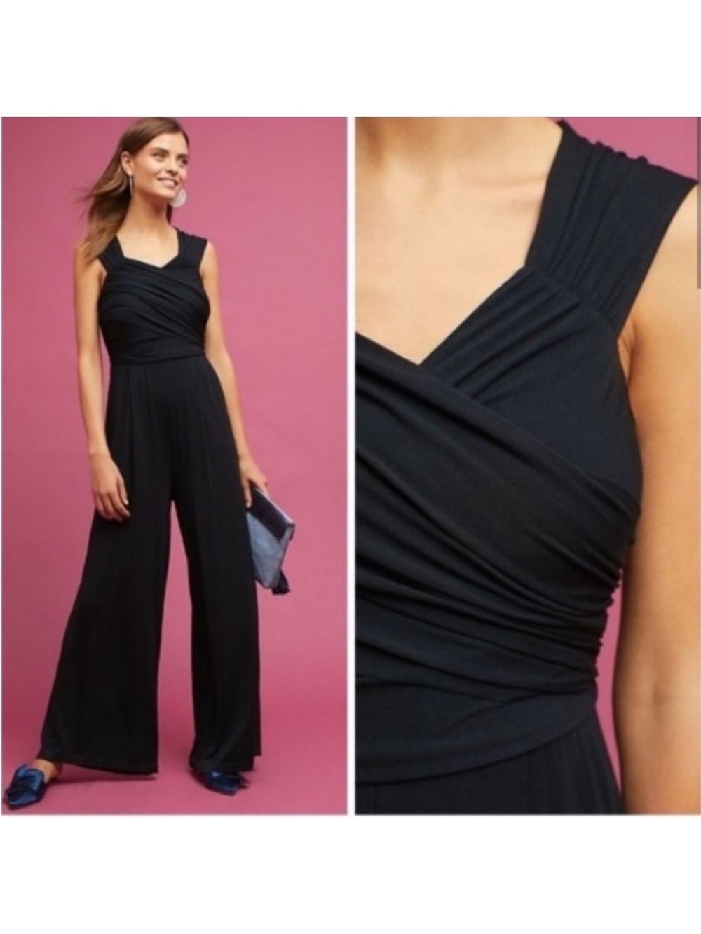 Anthropologie Moulinette Soeurs Black Ruched Wide-Leg Jumpsuit Sleeveless Knit